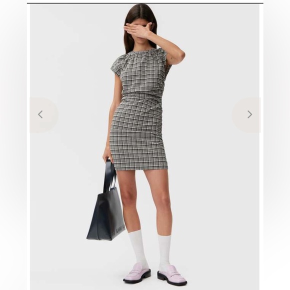Ganni Ruched Seersucker Mini Dress In Plaid Print SZ 38/6 212 - Picture 10 of 11